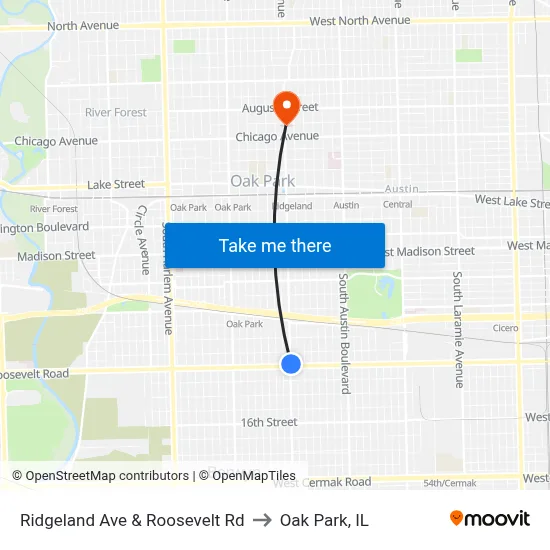 Ridgeland Ave & Roosevelt Rd to Oak Park, IL map