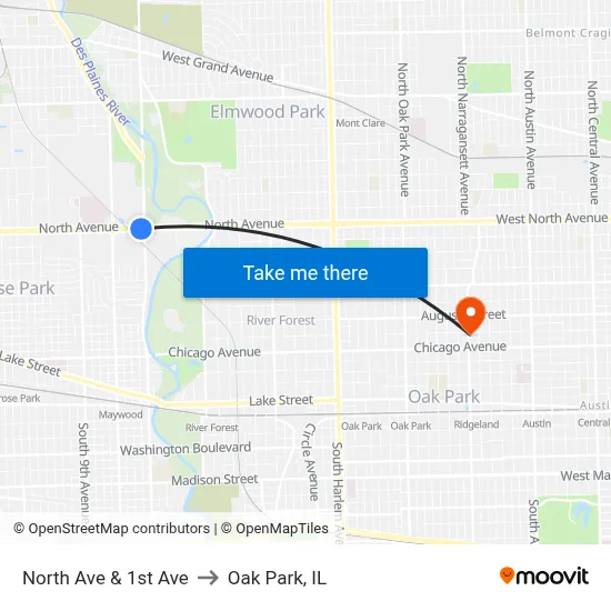 North Ave & 1st Ave to Oak Park, IL map