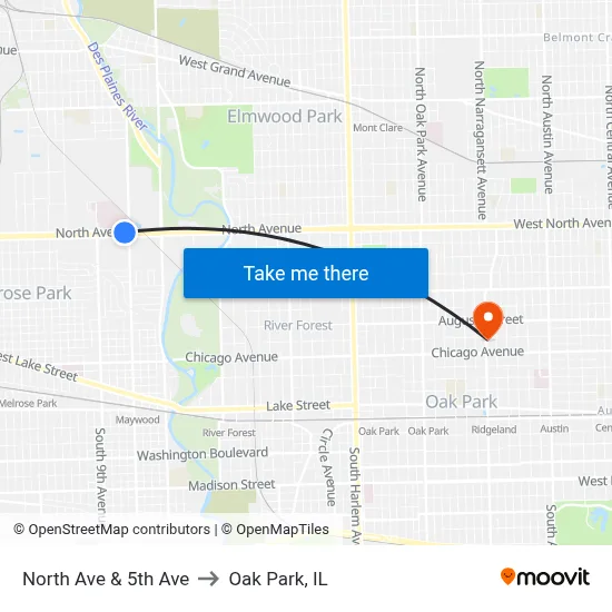 North Ave & 5th Ave to Oak Park, IL map