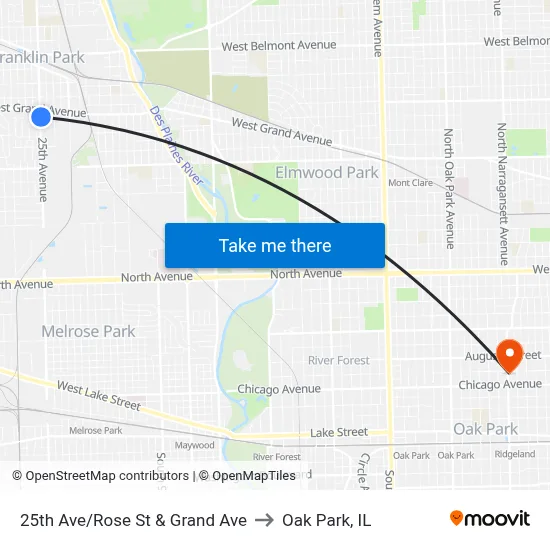 25th Ave/Rose St & Grand Ave to Oak Park, IL map