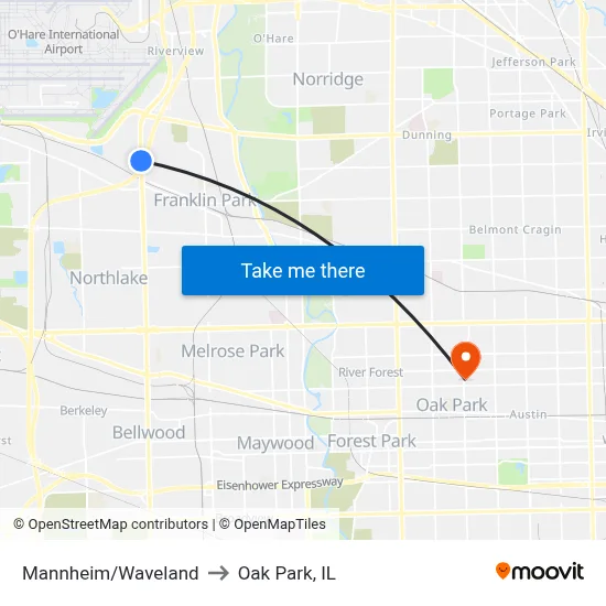 Mannheim/Waveland to Oak Park, IL map