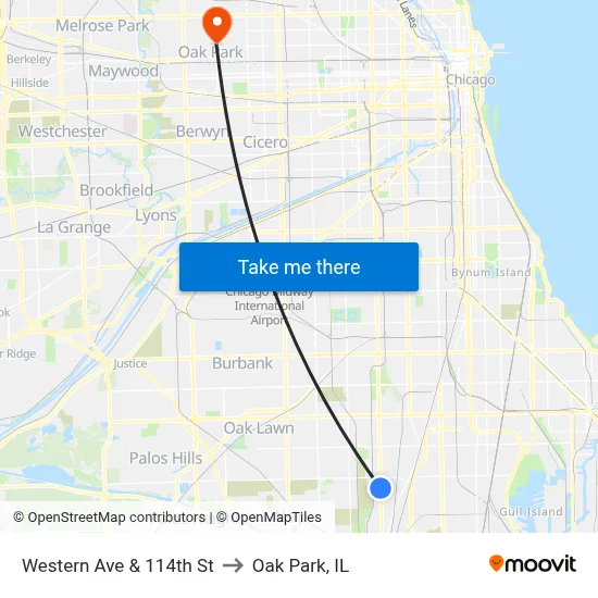 Western Ave & 114th St to Oak Park, IL map