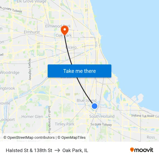 Halsted St & 138th St to Oak Park, IL map