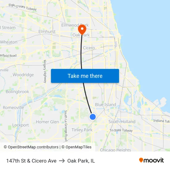 147th St & Cicero Ave to Oak Park, IL map