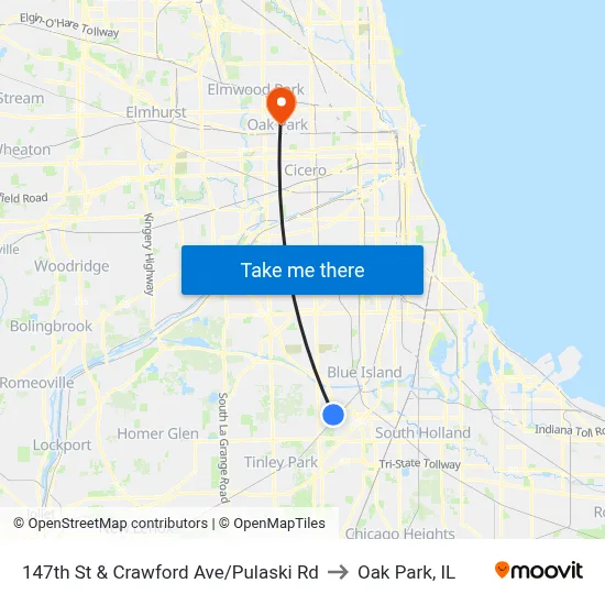 147th St & Crawford Ave/Pulaski Rd to Oak Park, IL map