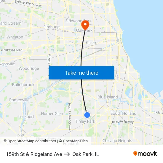 159th St & Ridgeland Ave to Oak Park, IL map