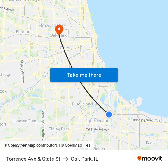 Torrence Ave & State St to Oak Park, IL map