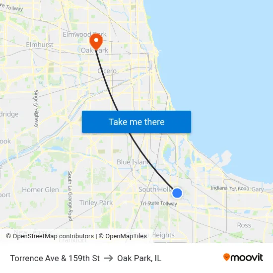 Torrence Ave & 159th St to Oak Park, IL map