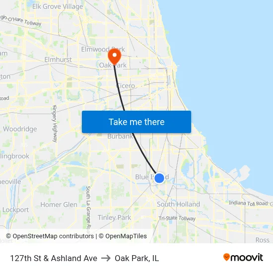127th St & Ashland Ave to Oak Park, IL map