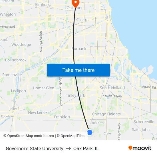 Governor's State University to Oak Park, IL map