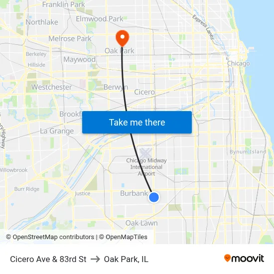 Cicero Ave & 83rd St to Oak Park, IL map