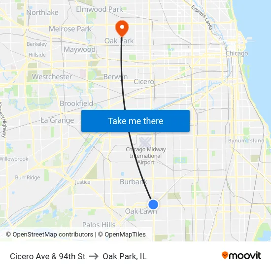 Cicero Ave & 94th St to Oak Park, IL map