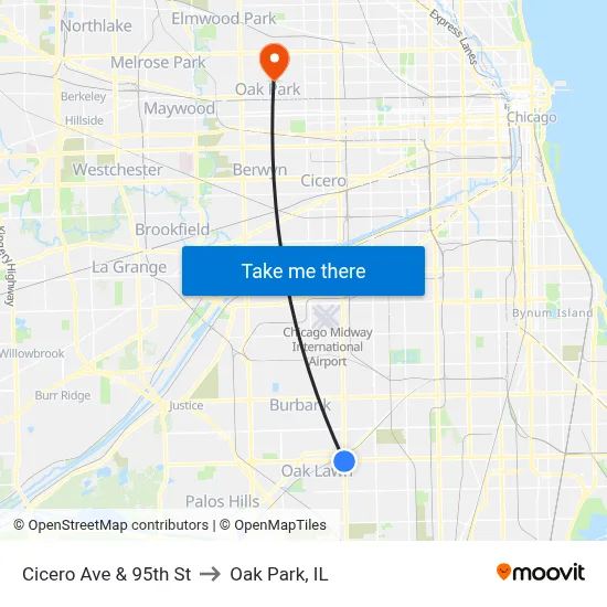 Cicero Ave & 95th St to Oak Park, IL map