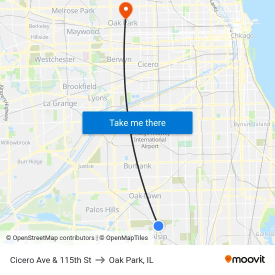 Cicero Ave & 115th St to Oak Park, IL map