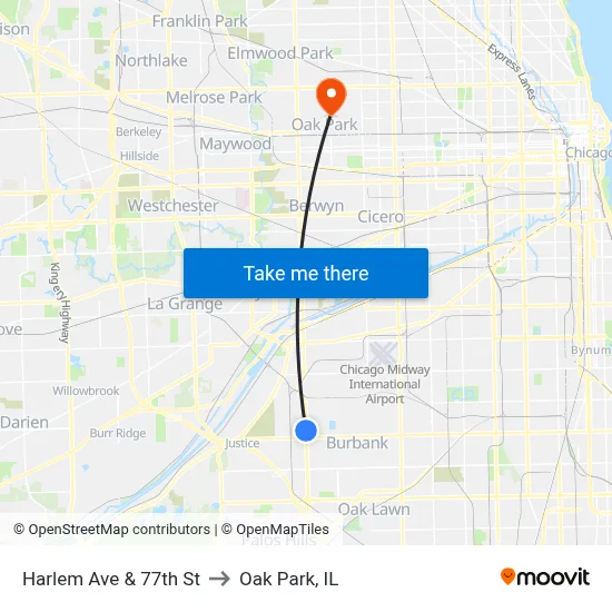Harlem Ave & 77th St to Oak Park, IL map