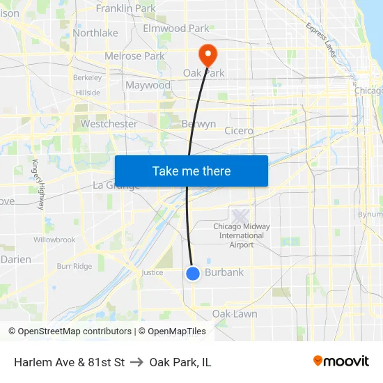 Harlem Ave & 81st St to Oak Park, IL map