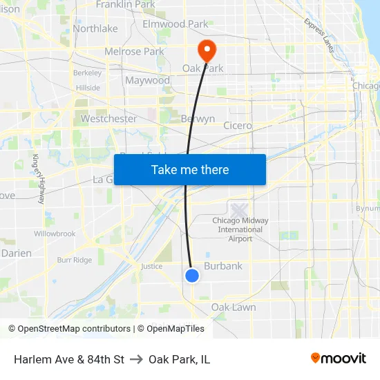 Harlem Ave & 84th St to Oak Park, IL map