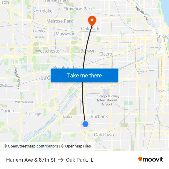 Harlem Ave & 87th St to Oak Park, IL map