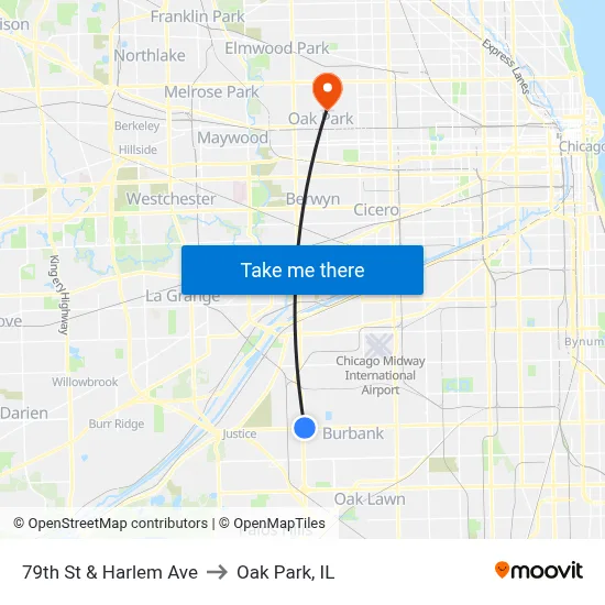 79th St & Harlem Ave to Oak Park, IL map