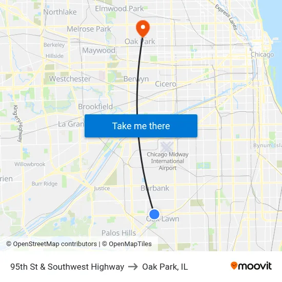 95th St & Southwest Highway to Oak Park, IL map