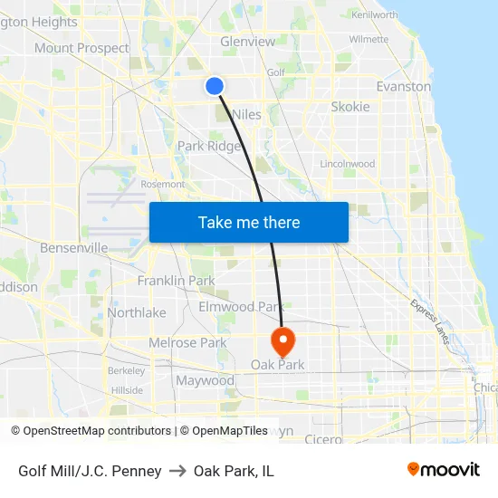 Golf Mill/J.C. Penney to Oak Park, IL map