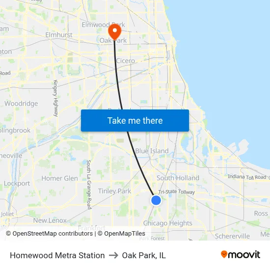 Homewood Metra Station to Oak Park, IL map