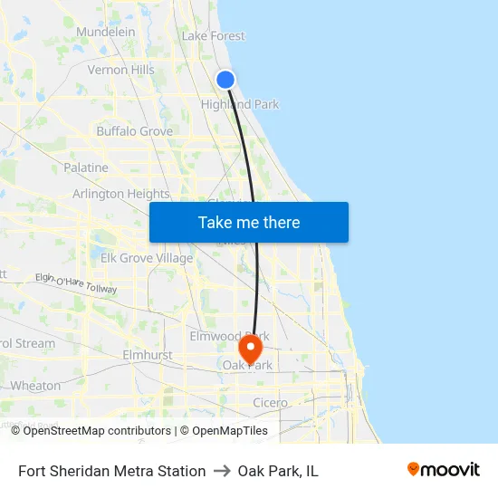 Fort Sheridan Metra Station to Oak Park, IL map