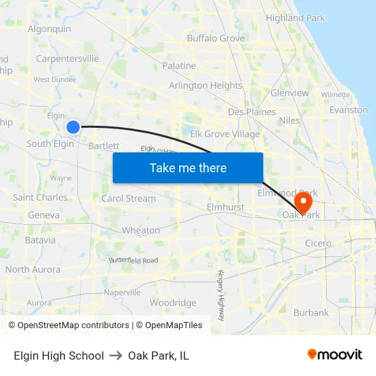 Elgin High School to Oak Park, IL map