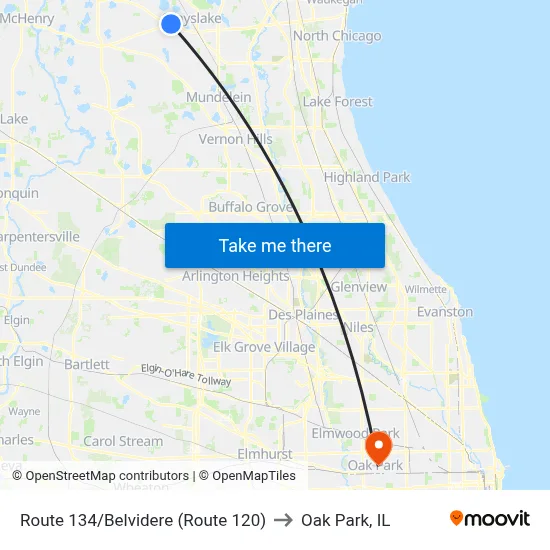 Route 134/Belvidere (Route 120) to Oak Park, IL map