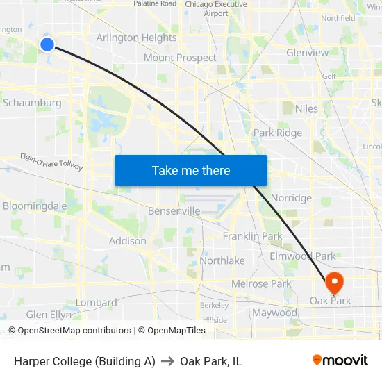 Harper College (Building A) to Oak Park, IL map