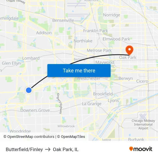 Butterfield/Finley to Oak Park, IL map