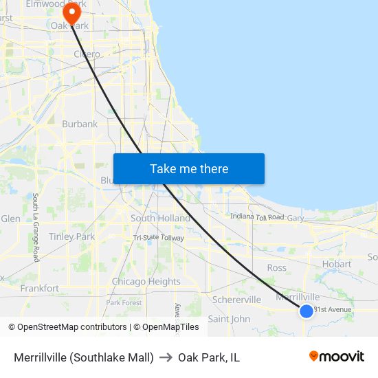 Merrillville (Southlake Mall) to Oak Park, IL map