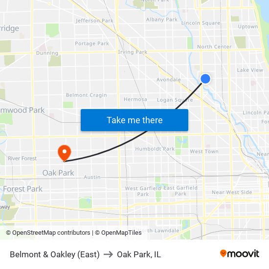 Belmont & Oakley (East) to Oak Park, IL map