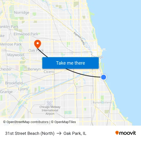 31st Street Beach (North) to Oak Park, IL map