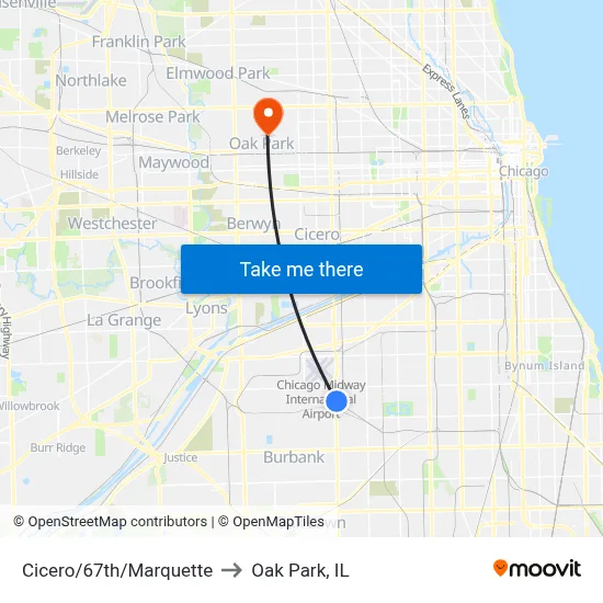 Cicero/67th/Marquette to Oak Park, IL map