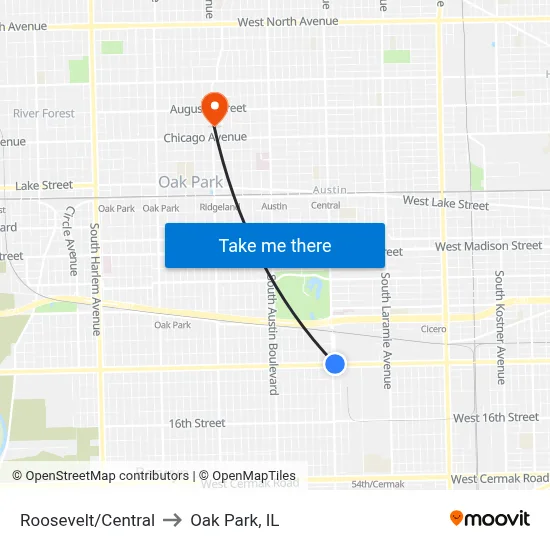 Roosevelt/Central to Oak Park, IL map