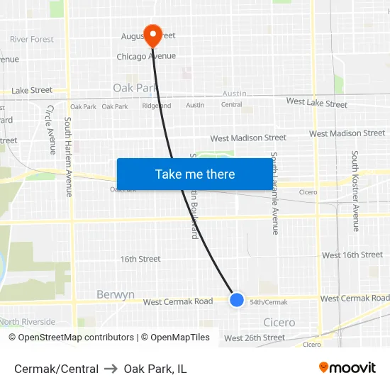 Cermak/Central to Oak Park, IL map