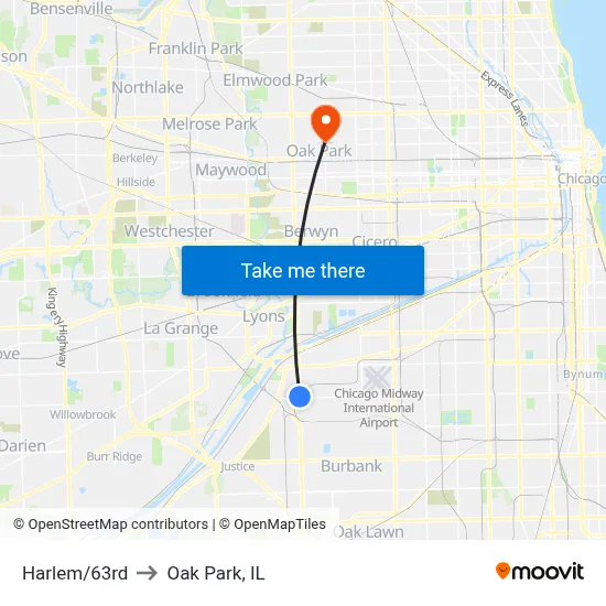 Harlem/63rd to Oak Park, IL map
