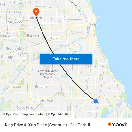 King Drive & 99th Place (South) to Oak Park, IL map