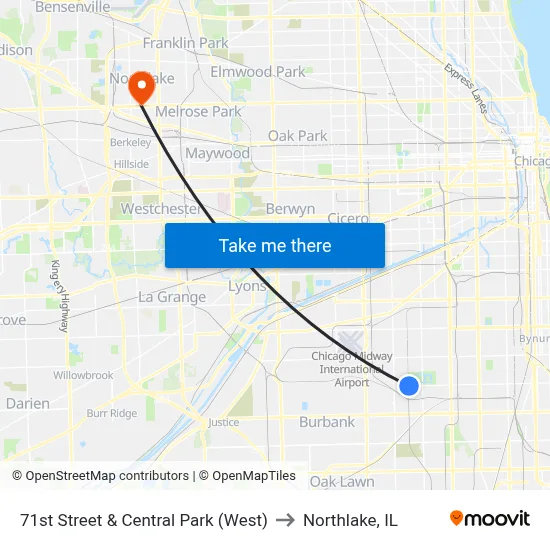 71st Street & Central Park (West) to Northlake, IL map