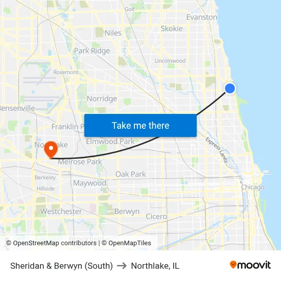 Sheridan & Berwyn (South) to Northlake, IL map