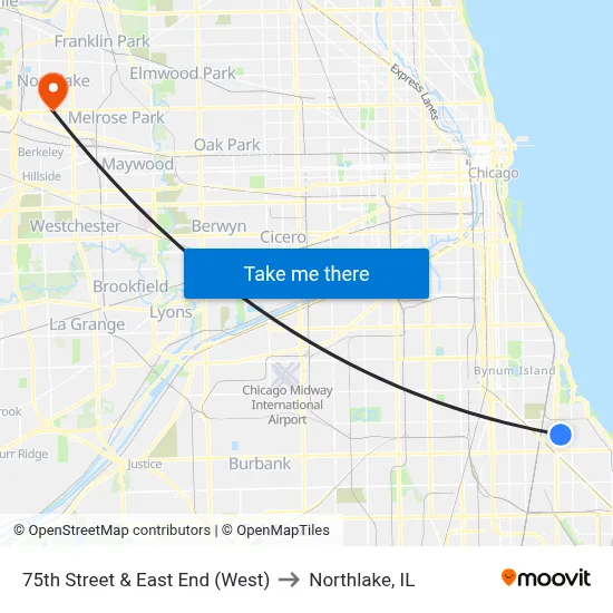 75th Street & East End (West) to Northlake, IL map