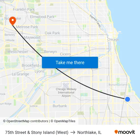75th Street & Stony Island (West) to Northlake, IL map