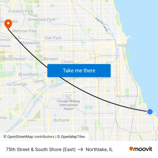 75th Street & South Shore (East) to Northlake, IL map