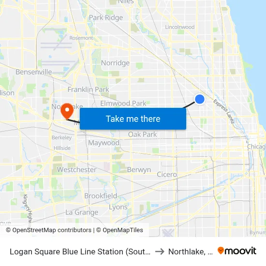 Logan Square Blue Line Station (South) to Northlake, IL map