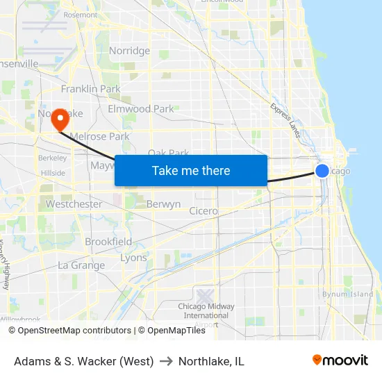 Adams & S. Wacker (West) to Northlake, IL map
