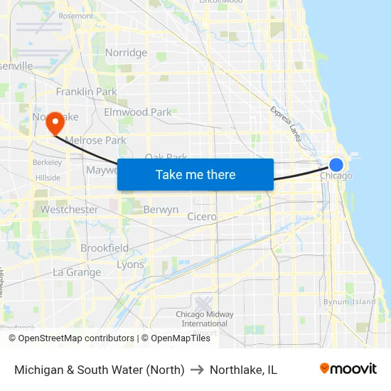 Michigan & South Water (North) to Northlake, IL map