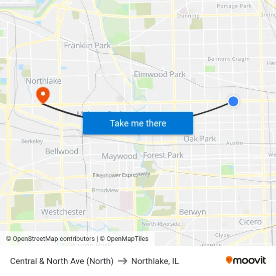 Central & North Ave (North) to Northlake, IL map
