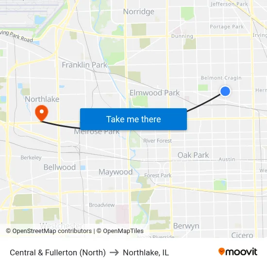 Central & Fullerton (North) to Northlake, IL map