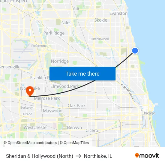 Sheridan & Hollywood (North) to Northlake, IL map